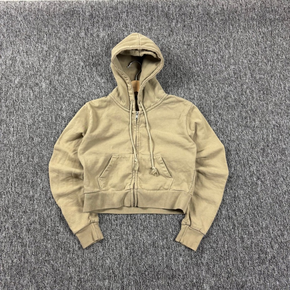 Y2K Coquette Brandy Melville Cropped Zip Up Sweatshirt Tan Medium